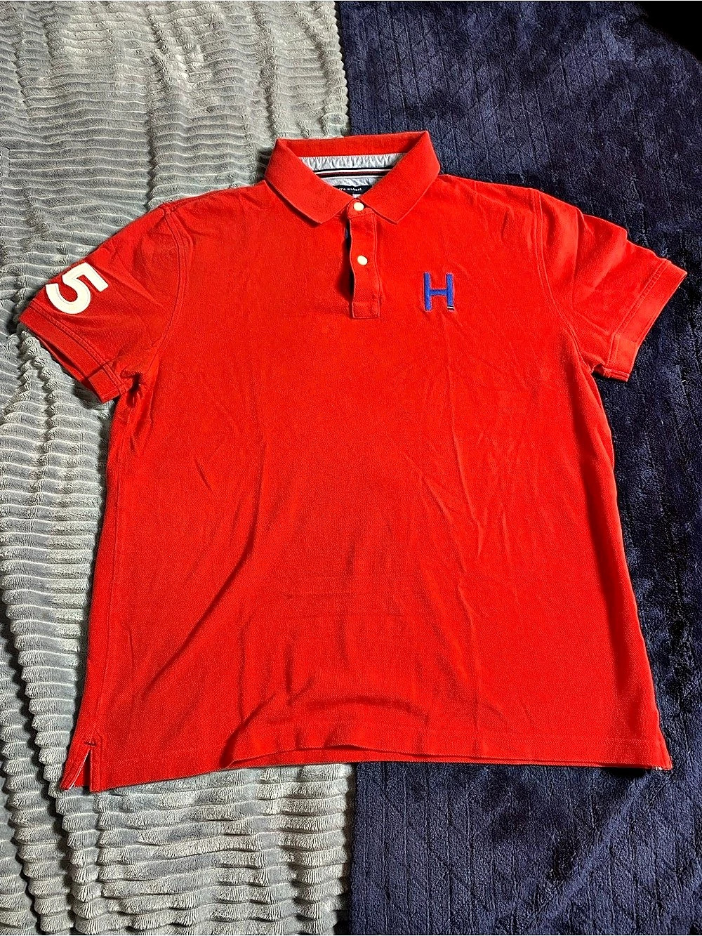 Tommy Hilfiger Custom Fit 85 Logo Polo Shirt Men's Red & Blue Size Large